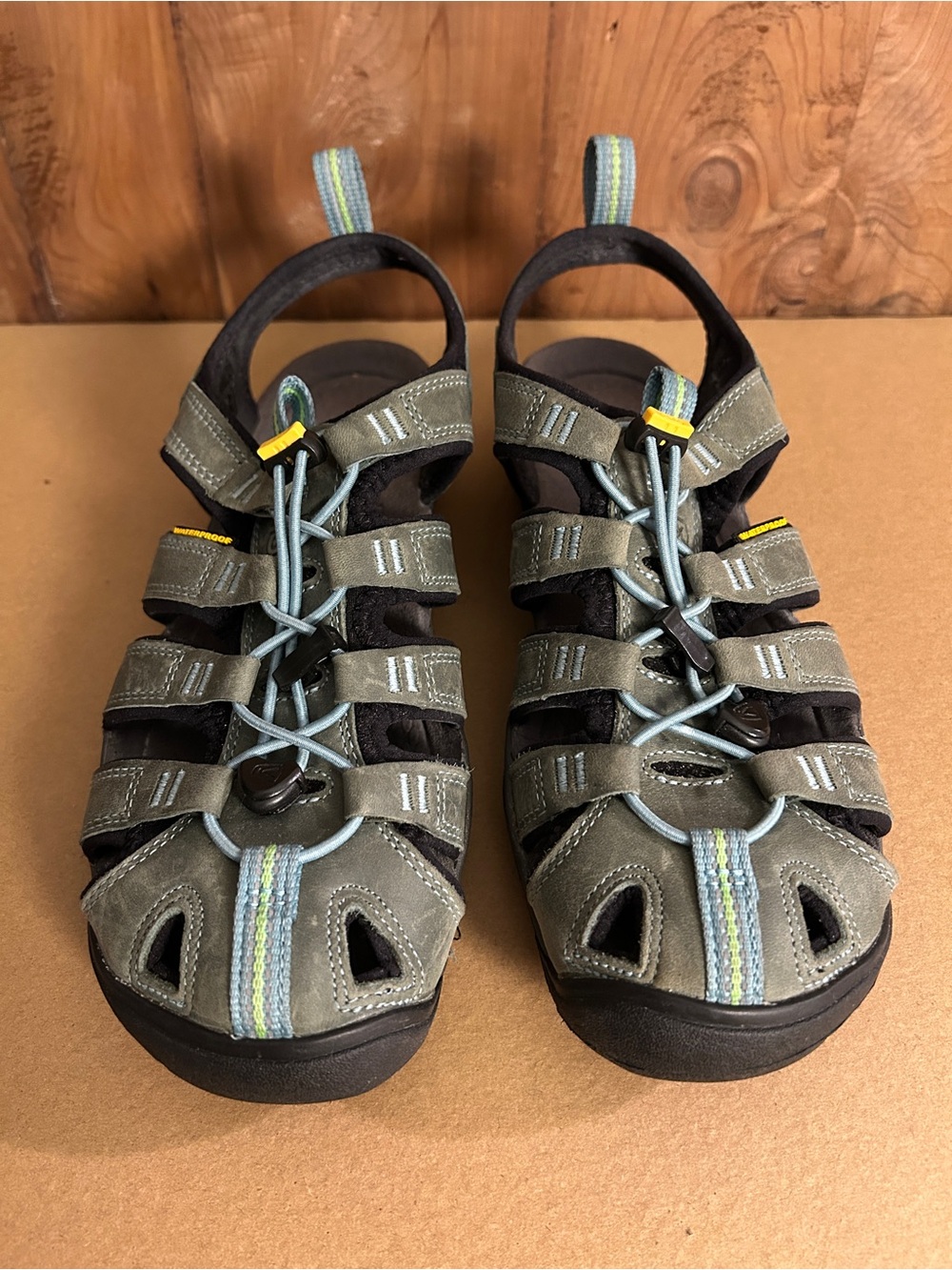 Keen Olive Green Sandals with Light Blue and Yellow Accents